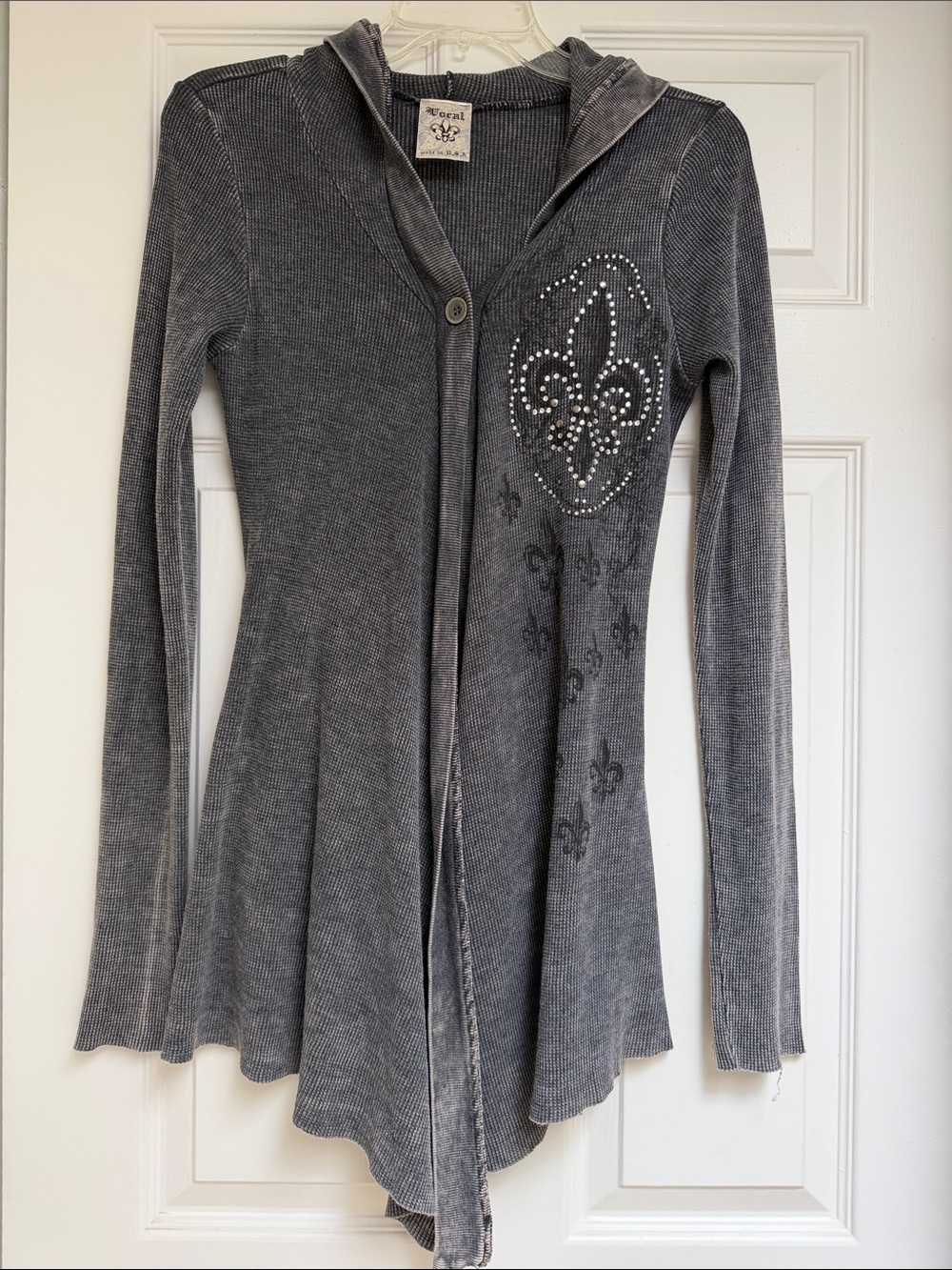 Vocal Embellished Gray Hooded Ribbed Cardigan